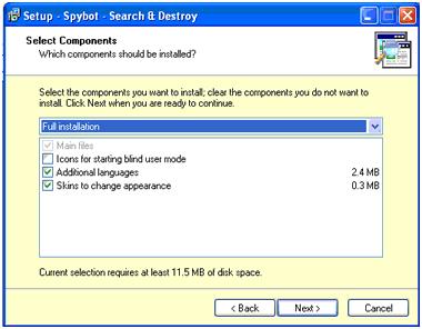 Spybot Setup - Select Components